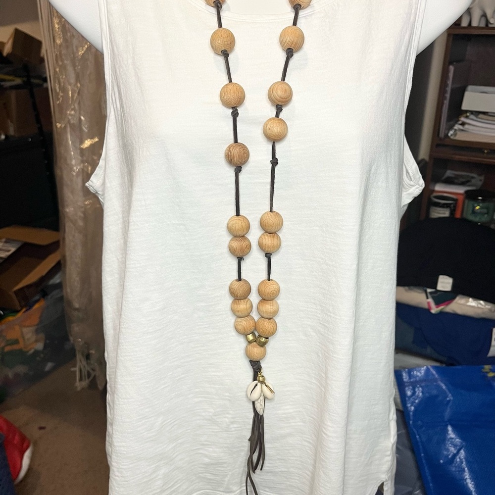 Indigo Tilt Wood Bead Necklace with Shell Accents